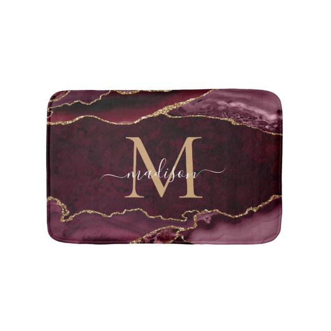 Modern Burgundy Red Gold Agate Geode Chic Monogram Badematte (Vorderseite)