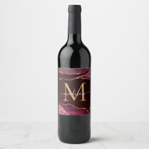 Modern Burgundy Red Gold Agate Geode Chic Monogram Weinetikett