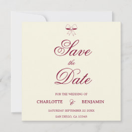 Modern Burgundy Script Ivory Bow Chic Wedding Card