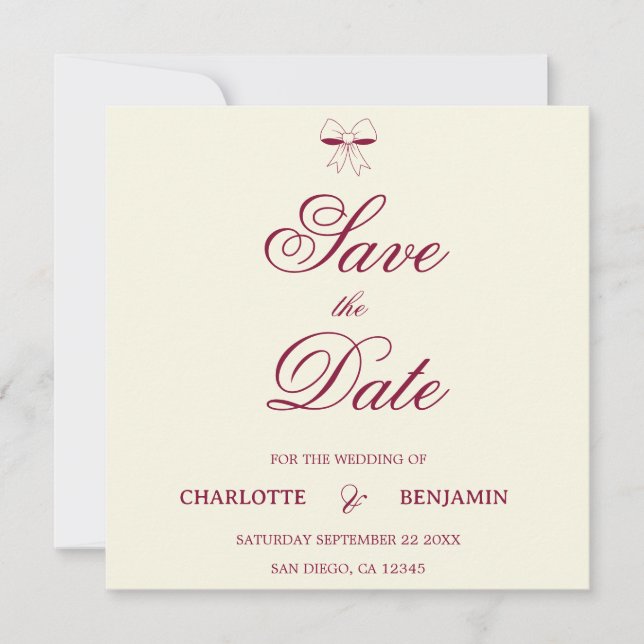 Modern Burgundy Script Ivory Bow Chic Wedding Card (Vorderseite)