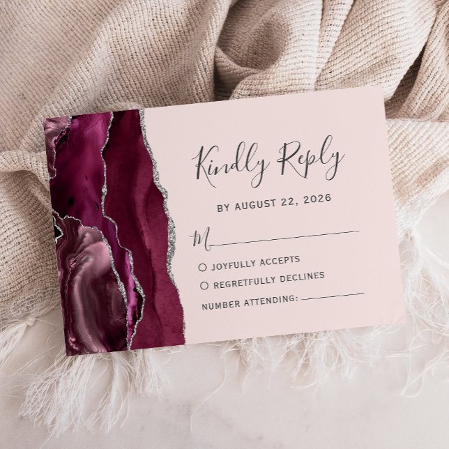 Modern Burgundy Silver Agate Blush Pink Wedding RSVP Karte (Von Creator hochgeladen)