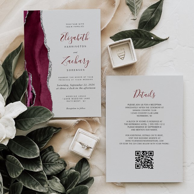 Modern Burgundy Silver Agate Gray QR Code Wedding Einladung (Von Creator hochgeladen)