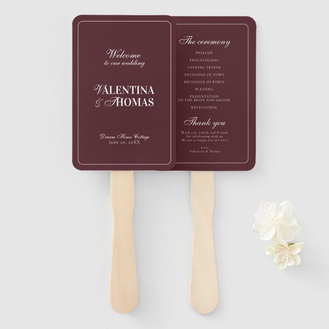 Modern Burgundy Wedding Program Hand Fan Fächer (Vorne und Hinten)