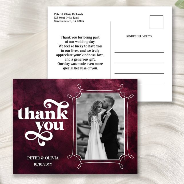 Modern Burgundy Wedding Thank You Photo Postkarte (Von Creator hochgeladen)