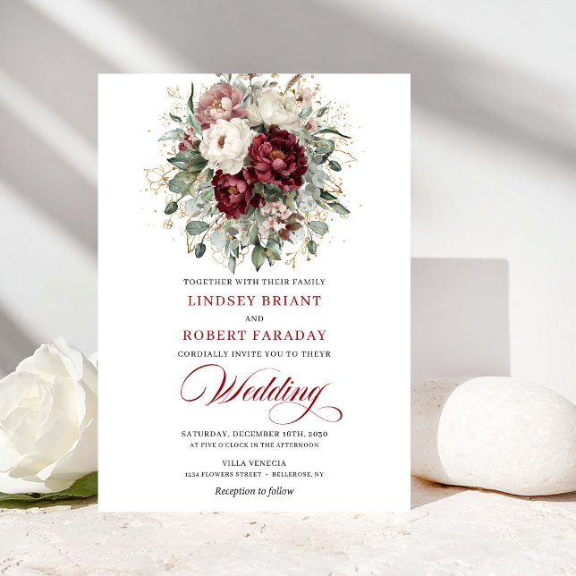 Modern Burgundy White Floral Gold Wedding Invite Einladung (Modern Burgundy White Floral Gold Wedding Invitation)