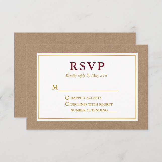 Modern Burgundy White Gold Kraft RSVP Karte (Vorne/Hinten)