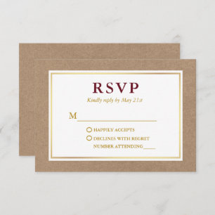 Modern Burgundy White Gold Kraft RSVP Karte