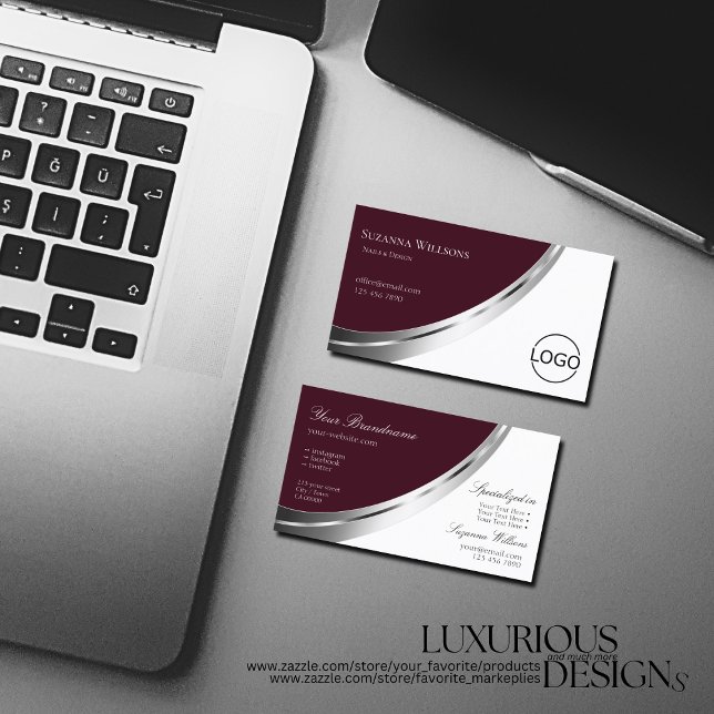 Modern Burgundy White mit Silver Decoder und Logo Visitenkarte (Von Creator hochgeladen)