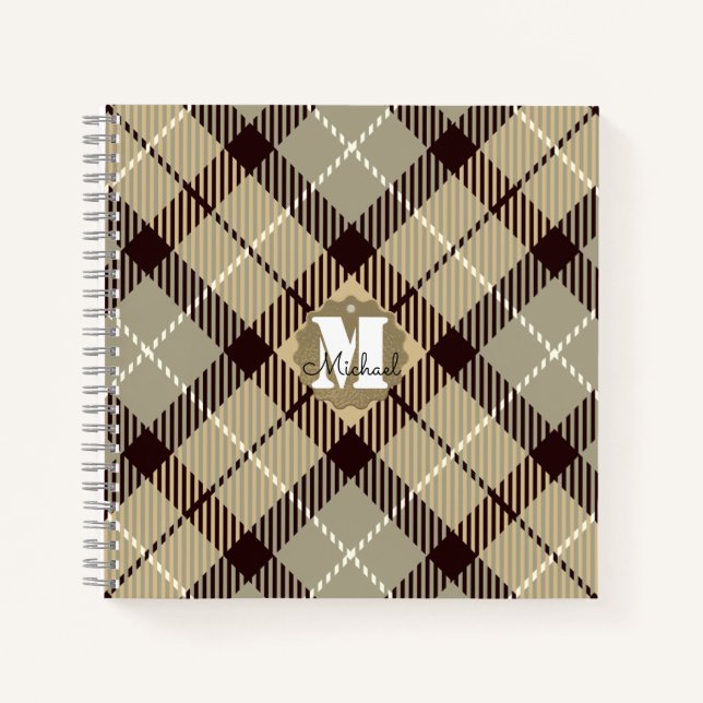 Modern Burlywood Gray Tartan Personalisierter Name Notizbuch (Vorderseite)