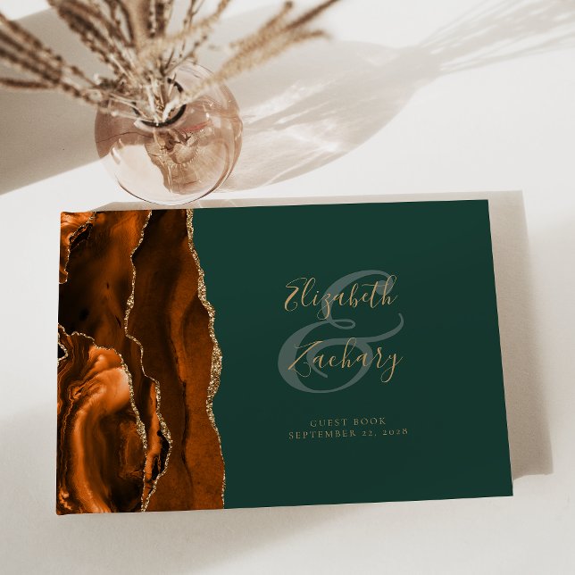 Modern Burnt Orange Agate Gold Script Green Gästebuch (Von Creator hochgeladen)