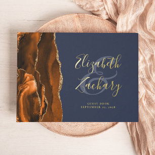 Modern Burnt Orange Agate Gold Script Navy Blue Gästebuch
