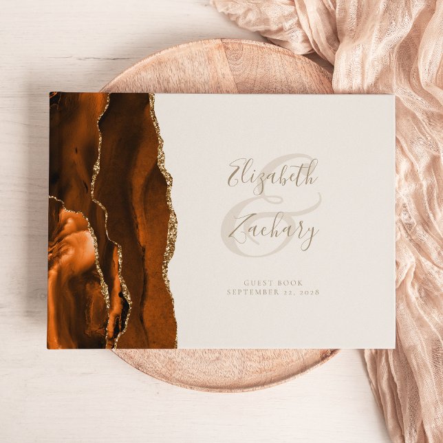 Modern Burnt Orange Gold Agate Ivory Gästebuch (Von Creator hochgeladen)