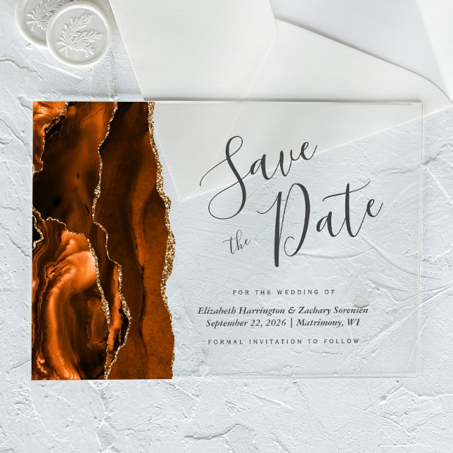 Modern Burnt Orange Gold Agate Save the Date Karte Acryleinladungen (Von Creator hochgeladen)