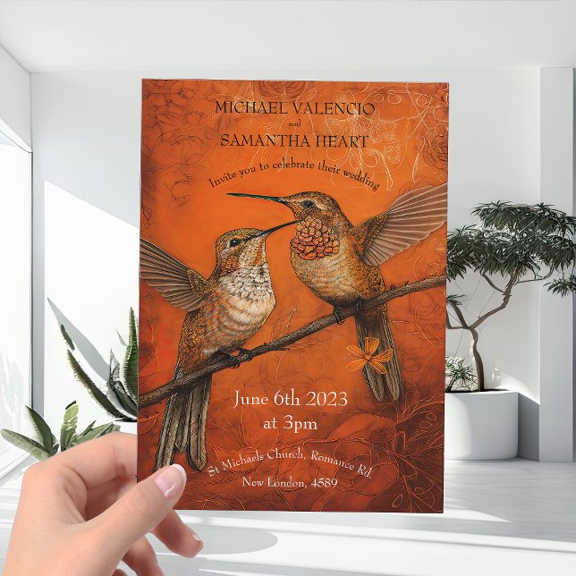 Modern Burnt Orange Humming Birds Wedding Einladung (Von Creator hochgeladen)