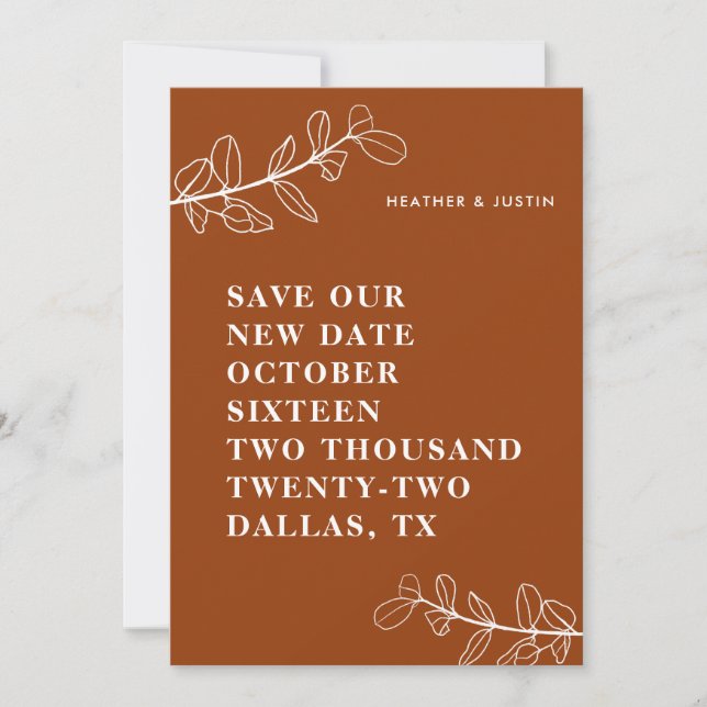 Modern Burnt Orange Terracotta Save the Date Einladung (Vorderseite)