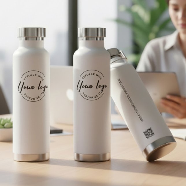 Modern Business logo Custom QR code website Trinkflasche (Modern branded water bottles with logo, QR code and website. Simple and easy to use templates.)