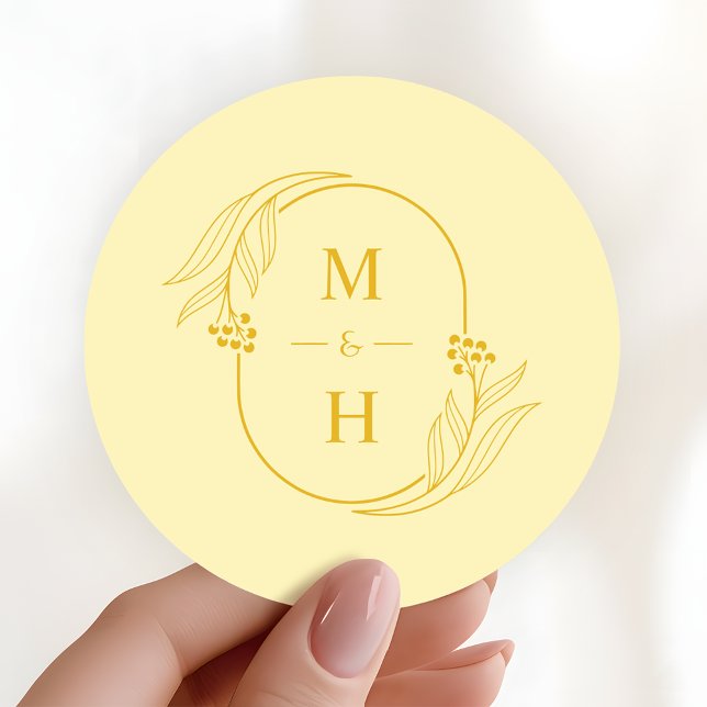 Modern Butter Yellow Boho Monogram Wedding Runder Aufkleber (Von Creator hochgeladen)