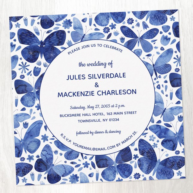 Modern Butterfly Watercolor Indigo Blue Wedding Einladung (Blue and white watercolor butterfly pattern square wedding invitation)