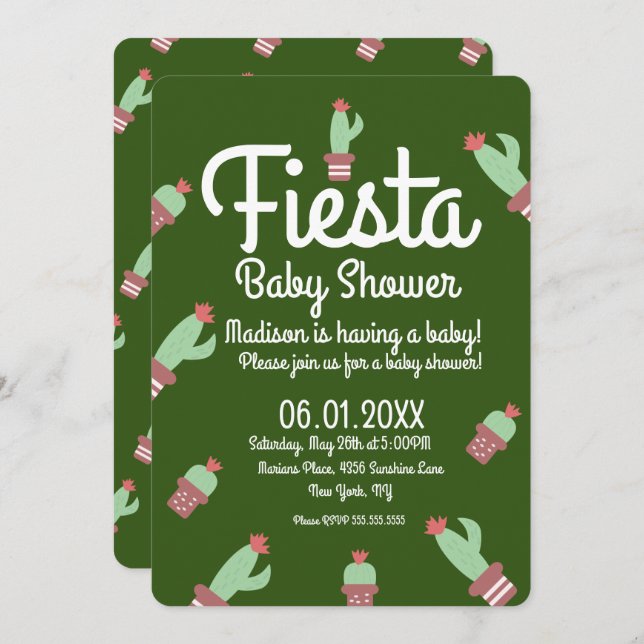 Modern Cactus Border Fiesta Baby Shower Einladung (Vorne/Hinten)