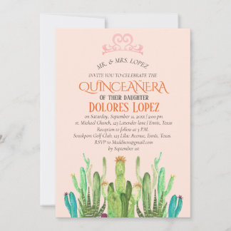 Modern Cactus Tiara Quinceañera Fiesta Birthday Einladung