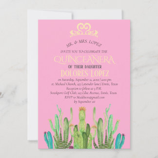Modern Cactus Tiara Quinceañera Fiesta Birthday Einladung