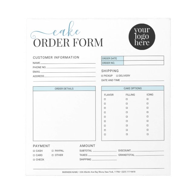 Modern Cake Cupcake Bakery Blue Order Form Notizblock (Vorderseite)