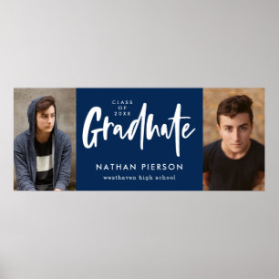 Modern Calligraphy Blue Two Photo Graduation Poster