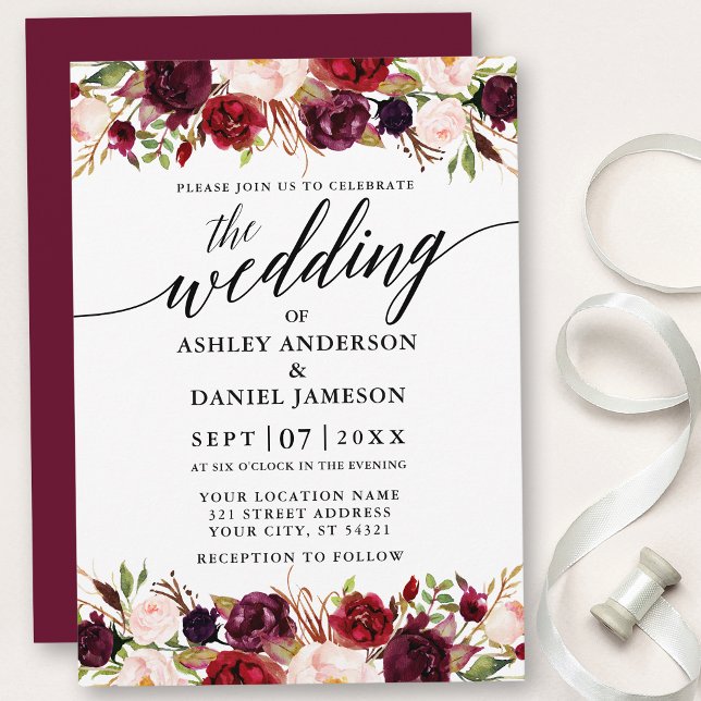Modern Calligraphy Burgundy Floral Elegant Wedding Einladung (Customize to change text size, style, add text & photos to back or change color of back of card.)