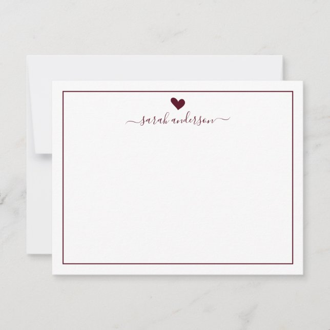 Modern Calligraphy Burgundy Heart Personalized Mitteilungskarte (Vorderseite)