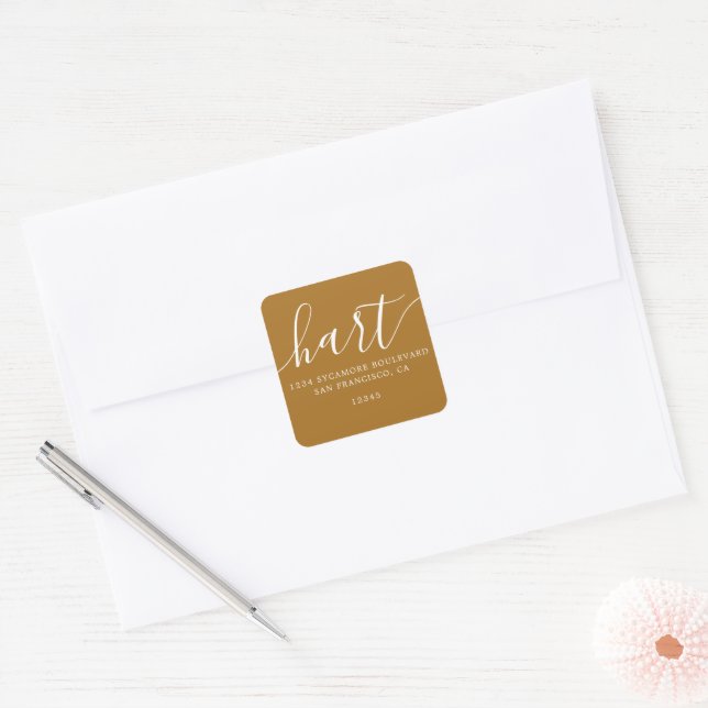 Modern Calligraphy Mustard Gold Return Address Quadratischer Aufkleber (Umschlag)