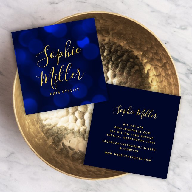 Modern Calligraphy Sapphire Blue Bokeh Lights Quadratische Visitenkarte (Von Creator hochgeladen)