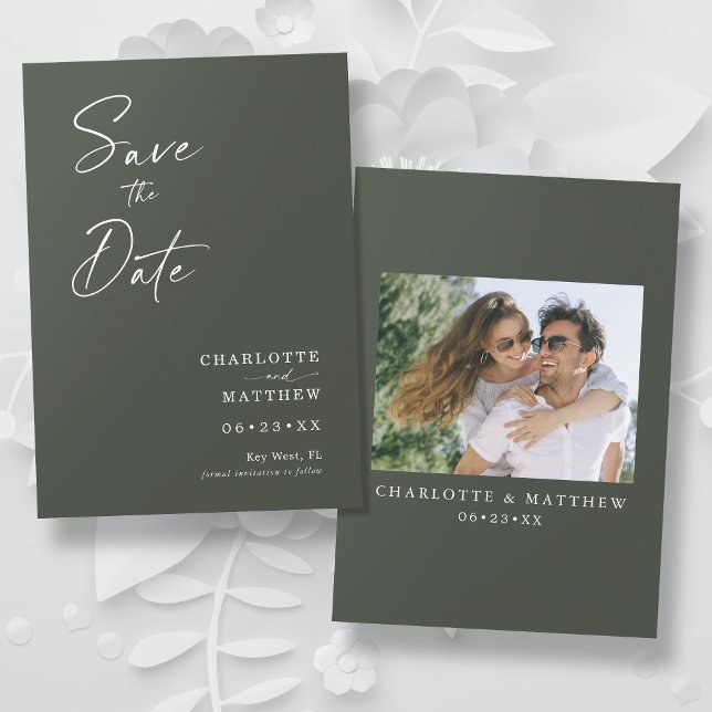 Modern Calligraphy Script 1 Foto New Olive Save The Date (The card color can easily be changed by selecting "Edit Design")