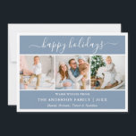 Modern Calligraphy Script Dusty Blue 3 Photo Feiertagskarte<br><div class="desc">Modern Trendy Calligraphy Script 3 Photo Family Photo Collage Merry Christmas Card - Dusty Blue</div>