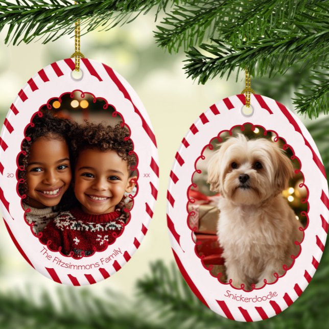 Modern Candy Cane Stripe Christmas 2 Photos Keramik Ornament (Retro Candy Cane Whimsical Striped Christmas 2 photo ornament )