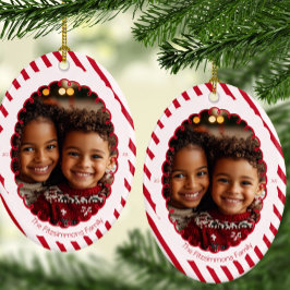 Modern Candy Cane Stripe Christmas 2 Sided Photo Keramik Ornament