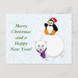 Modern cartoon of a penguin riding a polar bear, feiertagspostkarte