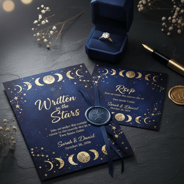 Modern Celestial Navy and Gold Moon Stars Wedding  Einladung (Von Creator hochgeladen)