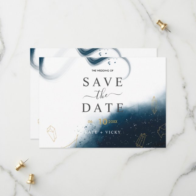 Modern Celestial Watercolor Save the Date Card (Vorderseite/Rückseite Beispiel)