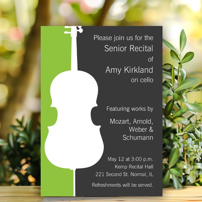 Modern Cello Erwägungsgrund Einladung - grün und g (Cello themed recital invitation template.)