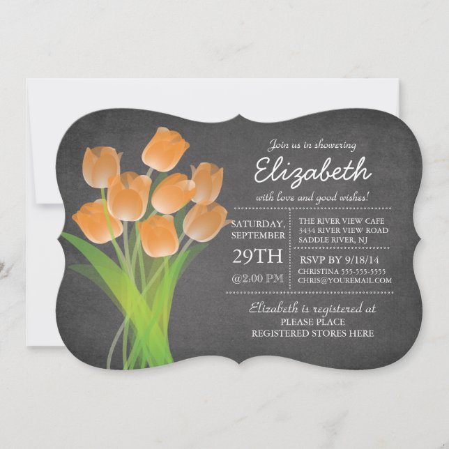 Modern Chalkboard Orange Tulip Brautparty Einladung (Vorderseite)