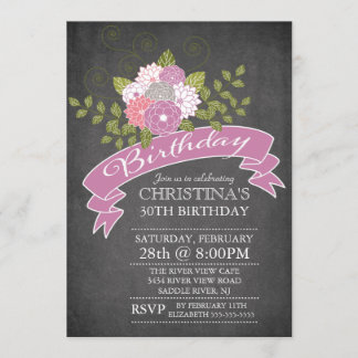 Modern Chalkboard Purple Blumen Geburtstagsparty Einladung