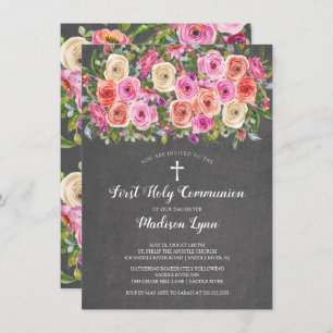 Modern Chalkboard Rosa Floral Erste Heilige Kommun Einladung