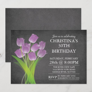 Modern Chalkboard Typographic Tulip Birthday Party Einladung