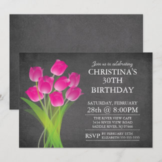 Modern Chalkboard Typographic Tulip Geburtstagspar Einladung