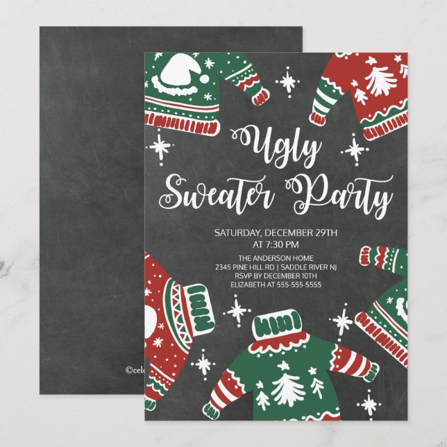 Modern Chalkboard Ugly Sweater Winter Party Einladung (Vorne/Hinten)