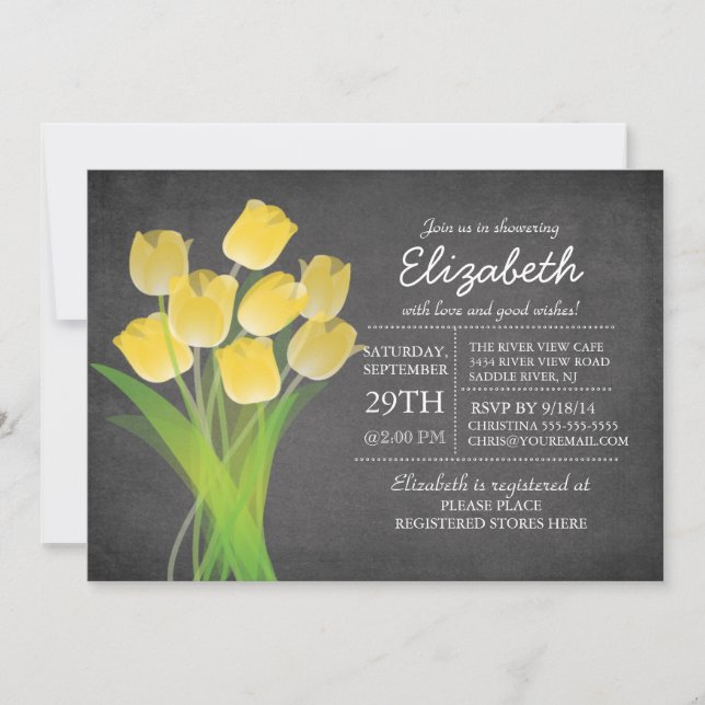 Modern Chalkboard Yellow Tulip Girls Babydusche Einladung (Vorderseite)