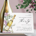 Modern Champagne | Cute Fun Women's 30th Birthday Einladung<br><div class="desc">Pretty 30th birthday invitations featuring a watercolor illustration of a champagne bottle surrounded by purple flowers. Large "thirty" text is written in script,  for a fun-but-elegant invitation with a coordinating pale green color on the reverse. (Background colors can be changed,  if wanted,  by using the design tool).</div>