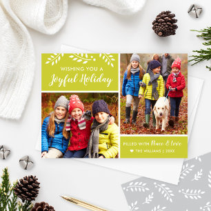 Modern Chartreuse Joyful Holiday Photo Collage Feiertagskarte