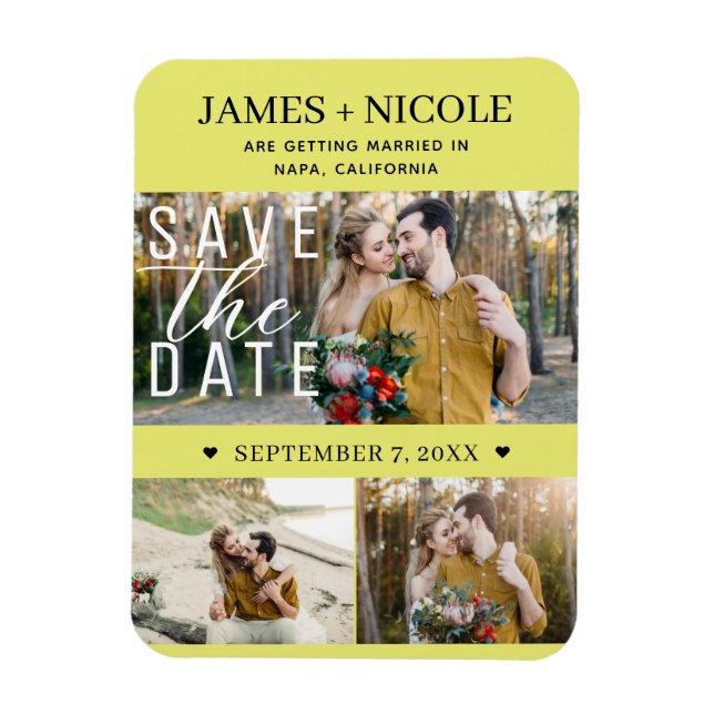 Modern Chartreuse Save the Date Hochzeit 3 Fotos Magnet (Vertikal)