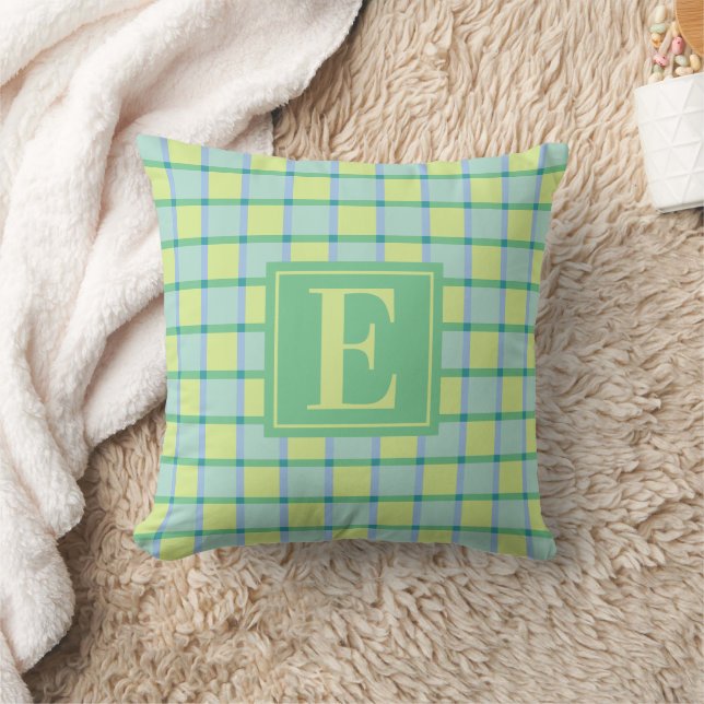 Modern Checker Blue Green Lime Monogram Kissen (Decke)